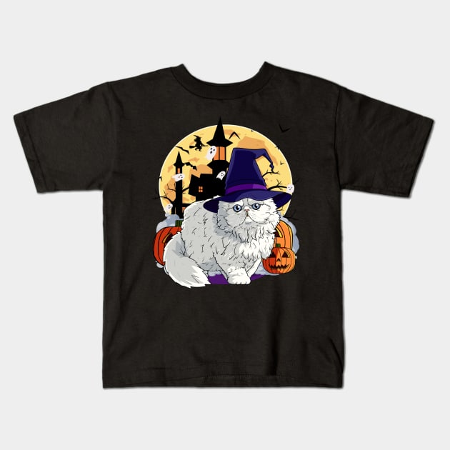 Persian Cat Funny Halloween Witch Pumpkin Kids T-Shirt by Noseking